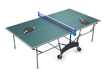 Table tennis with tennis rackets and a ball on it.