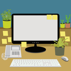 office desk with telephone, computer, keyboard and plants, vecto - 87451562