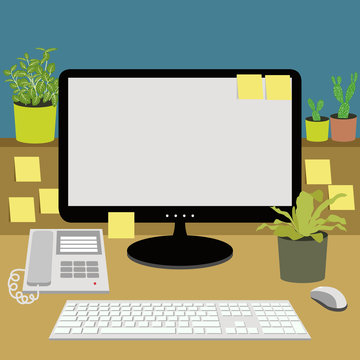 office desk with telephone, computer, keyboard and plants, vecto