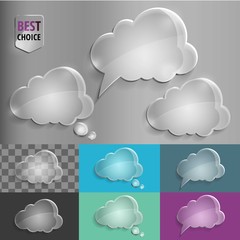 Set of glass speech bubble cloud icons with shadow on gradient