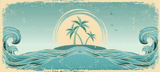 Blue seascape horizon. Vector grunge image with tropical palms o - obrazy, fototapety, plakaty