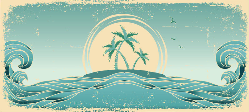 Blue seascape horizon. Vector grunge image with tropical palms o