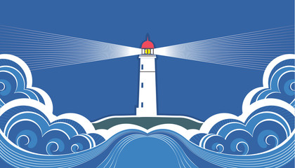 Lighthouse with blue sea.Vector symbol card