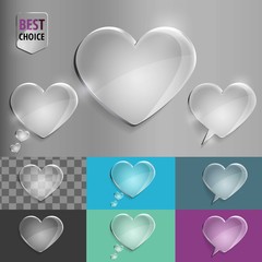 Set of glass speech bubble heart icons with soft shadow on