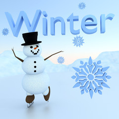An illustration related to the season Winter with an ice skating snowman within a winter scene and the text 