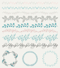 Colorful Hand Sketched Seamless Borders, Frames, Branches