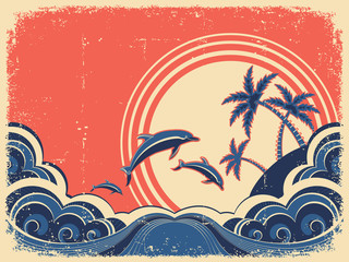 Obraz premium Seascape waves poster with dolphins. Vector grunge illustration