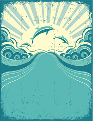 Fototapeta na wymiar Grunge nature poster background with dolphins in sea and sunshin