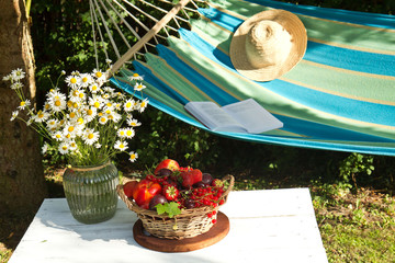 fresh fruit in basket. Summertime  in the garden