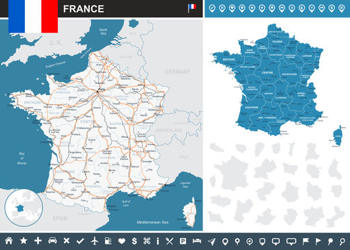 France infographic map - highly detailed vector illustration. Image contains land contours, country and land names, city names, water objects, flag, navigation icons, roads, railways.