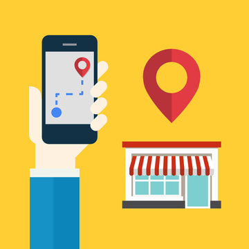 Flat design smartphone GPS navigation to shopping store 