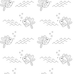 cartoon fish in black and white seamless vector pattern illustration
