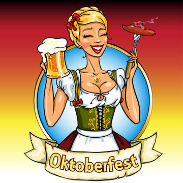 Pretty Bavarian girl with beer and smoking sausage
