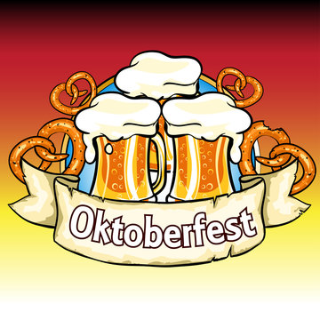 Oktoberfest label with beer and pretzels. 