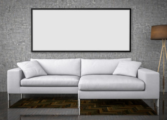 Mock up poster, big sofa, concrete wall background, 3d illustrat