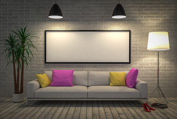 Mock up blank poster on the wall with lamp and sofa