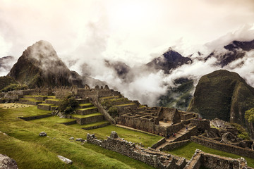 MACHU PICCHU, PERU - MAY 31, 2015: View of the ancient Inca City - obrazy, fototapety, plakaty