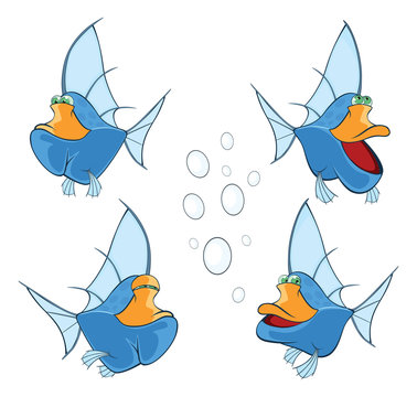 illustration of a set of cartoon cute deep-water fish