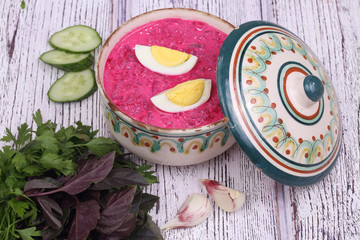 Beetroot soup - cold soup with a beet and egg submitted with gre