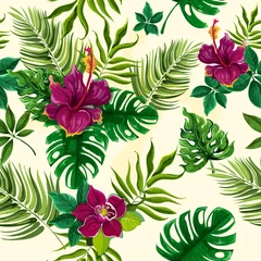 Fotobehang Tropical plants flowers seamless pattern © Macrovector