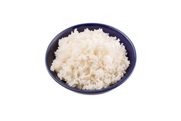Cooked steamed rice in a blue bowl over white background