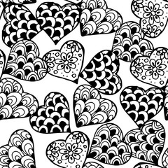 Hand drawn Zentangle seamless pattern with Hearts. Use for cards, invitation, wallpapers, pattern fills, web pages elements and etc.