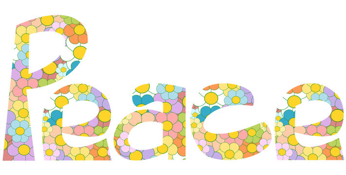 colorful patterned peace word with cartoon daisy flowers vector illustration