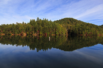 Santeetlah Lake in Graham County in North Carolina with pretty sky and cloud reflections