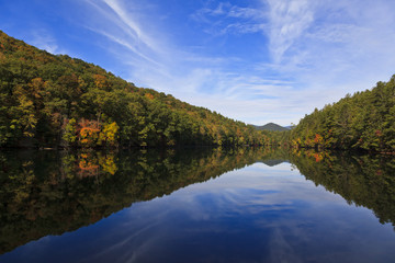 Fototapeta na wymiar Santeetlah Lake in Graham County in North Carolina with pretty sky and cloud reflections