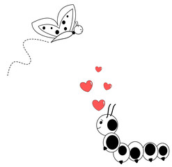caterpillar in love with cute butterfly lovely black and white cartoon vector illustration