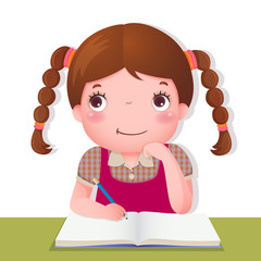 Cute girl thinking while working on her school project