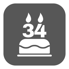 The birthday cake with candles in the form of number 34 icon. Birthday symbol. Flat
