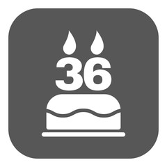 The birthday cake with candles in the form of number 36 icon. Birthday symbol. Flat