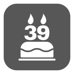 The birthday cake with candles in the form of number 39 icon. Birthday symbol. Flat