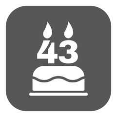 The birthday cake with candles in the form of number 43 icon. Birthday symbol. Flat