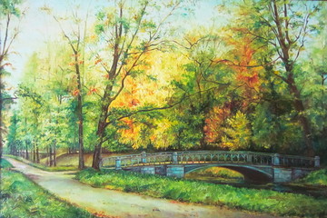 Original oil painting The bridge in the forest © Elena Yalcin