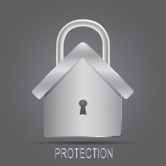 Padlock in the shape of the house isolated on black background. Home security silver vector illustration.