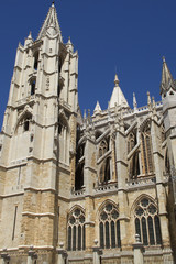 Detail on the Cathedral showing it's gothic style and flying buttresses.Leon,Spain