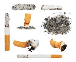 Set Cigarette butts and ashes from tobacco isolated on white background