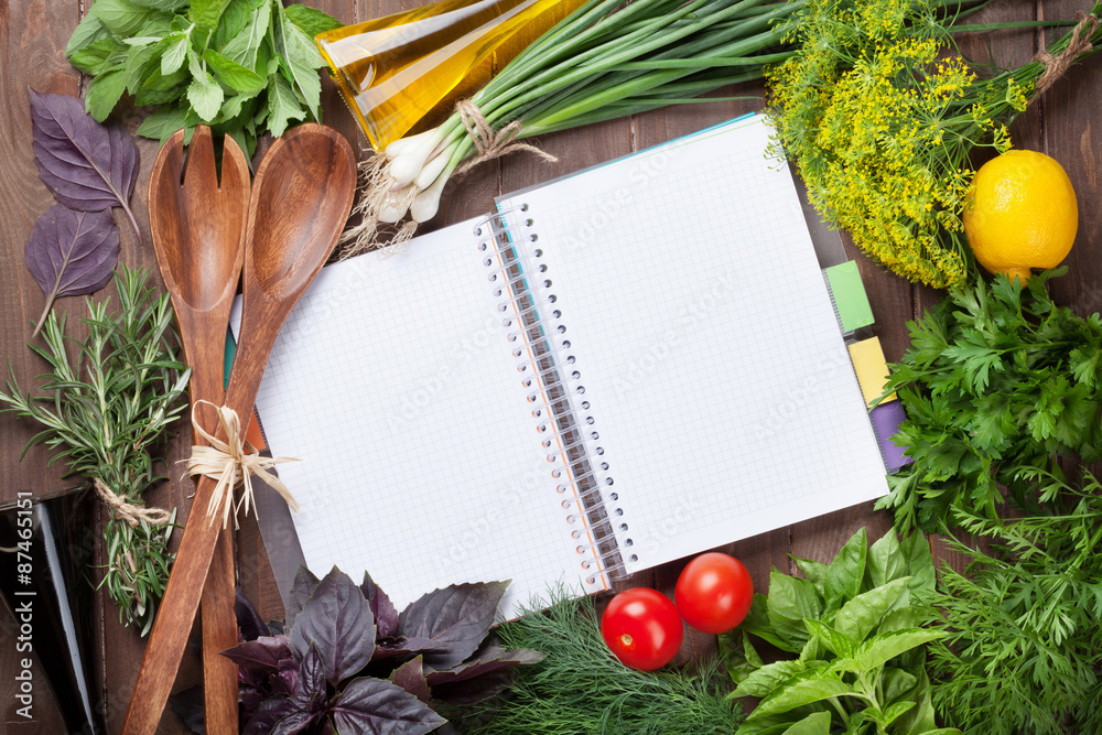 Poster fresh garden herbs and notepad