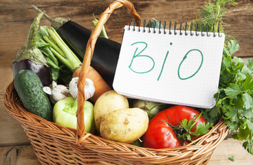 Bio Vegetables in a Basket with Bio Note