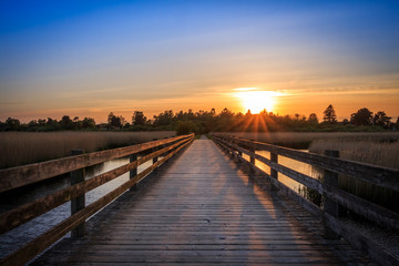 Fototapeta na wymiar Bridge crossing sea at sunset