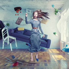 young beautiful lady fly in zero gravity room. Photo combination creative concept