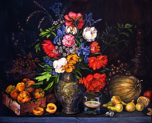 Obrazy  Oryginalny obraz gwasz na papierze Owoce i kwiaty