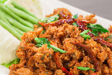 Thai cuisine spicy crispy pork salad, Larb