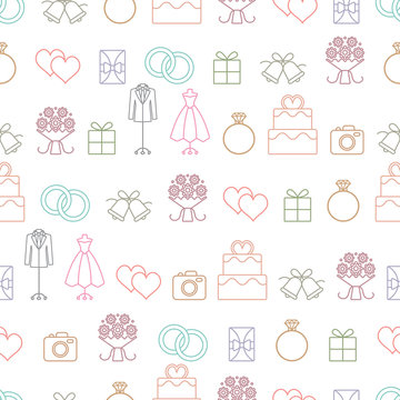 Wedding related vector seamless pattern background with outline icons 1