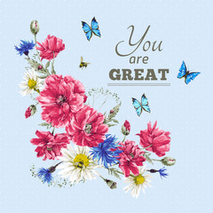 Beautiful gentle watercolor vintage summer vignette with red