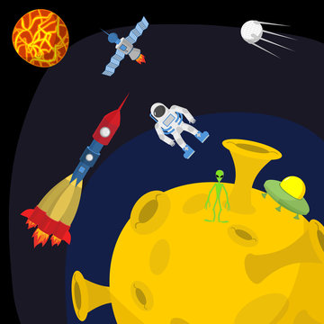 Space landscape: Moon and alien. UFO and rocket. Vector illustra