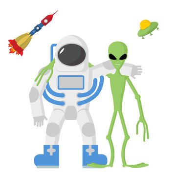 Astronaut and alien friends on a white background. Vector illust