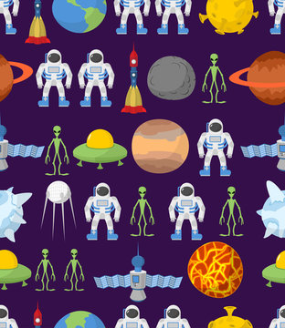 Cosmos seamless background, ornament. Spacecraft rockets and UFO
